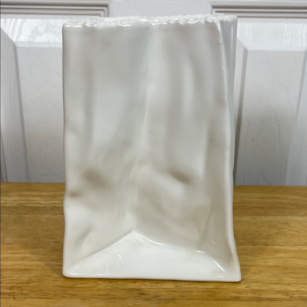 Vintage 1960 Mancer Italian ceramic paperbag vase 6 3/4” high. 5” wide.